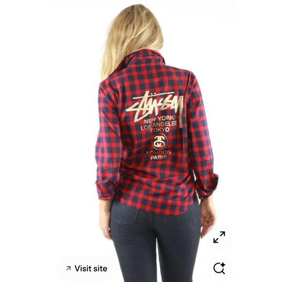 *STUSSY Gold Graphic Red and Blue Flannel - Picture 1 of 11